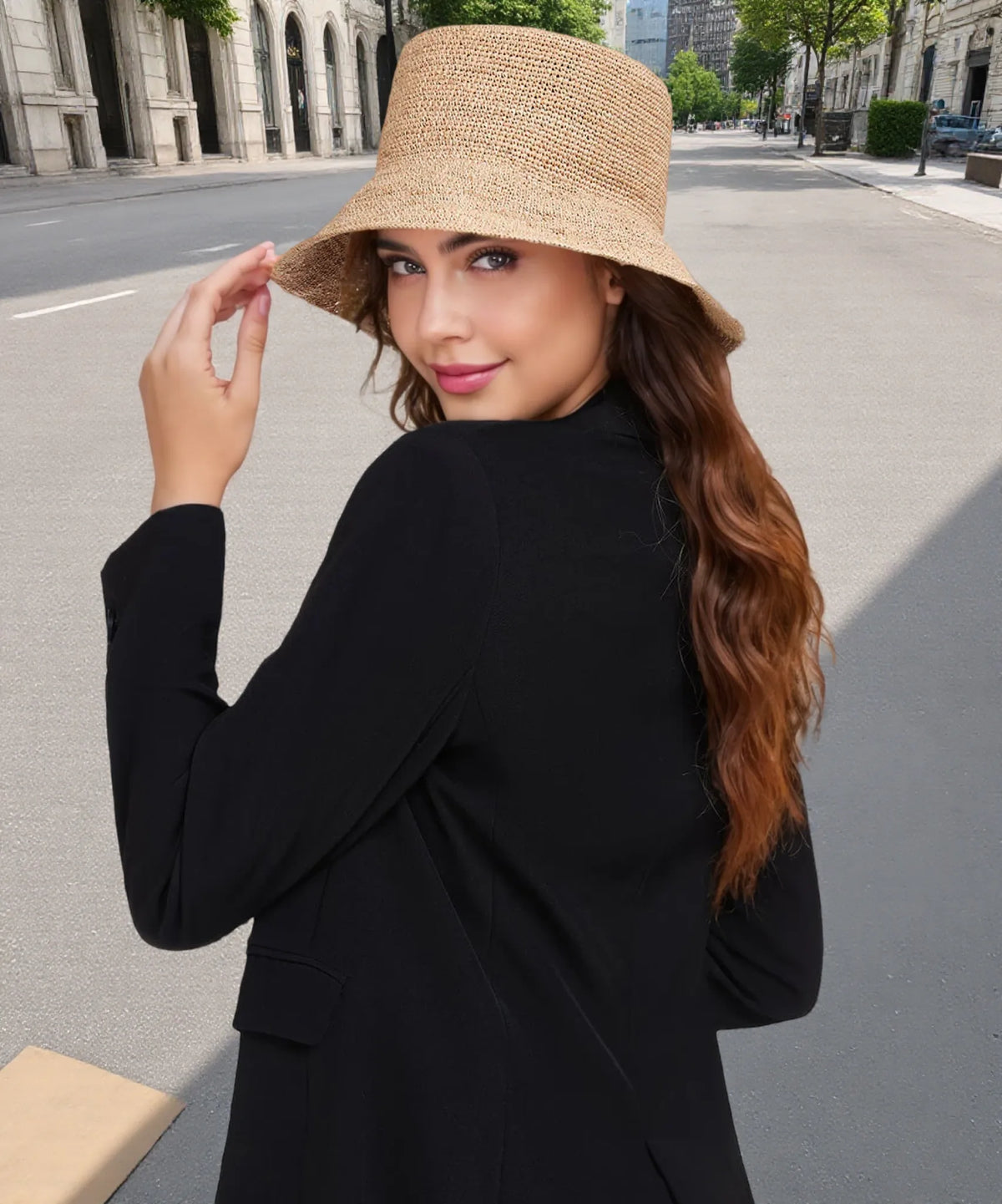 Solstice Women Packable Straw Brown Bucket