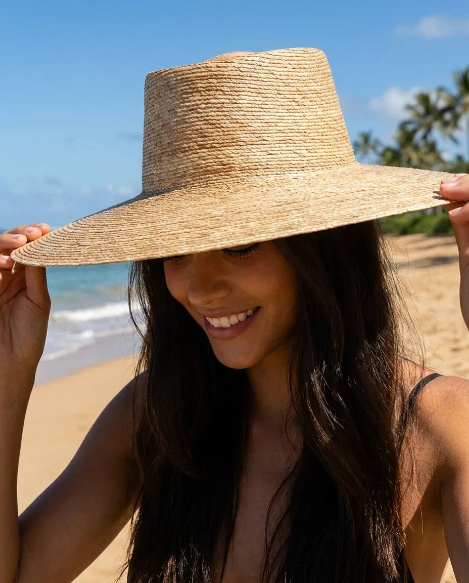 Natural Wide Brim Palm Leaf Boater Straw Hat