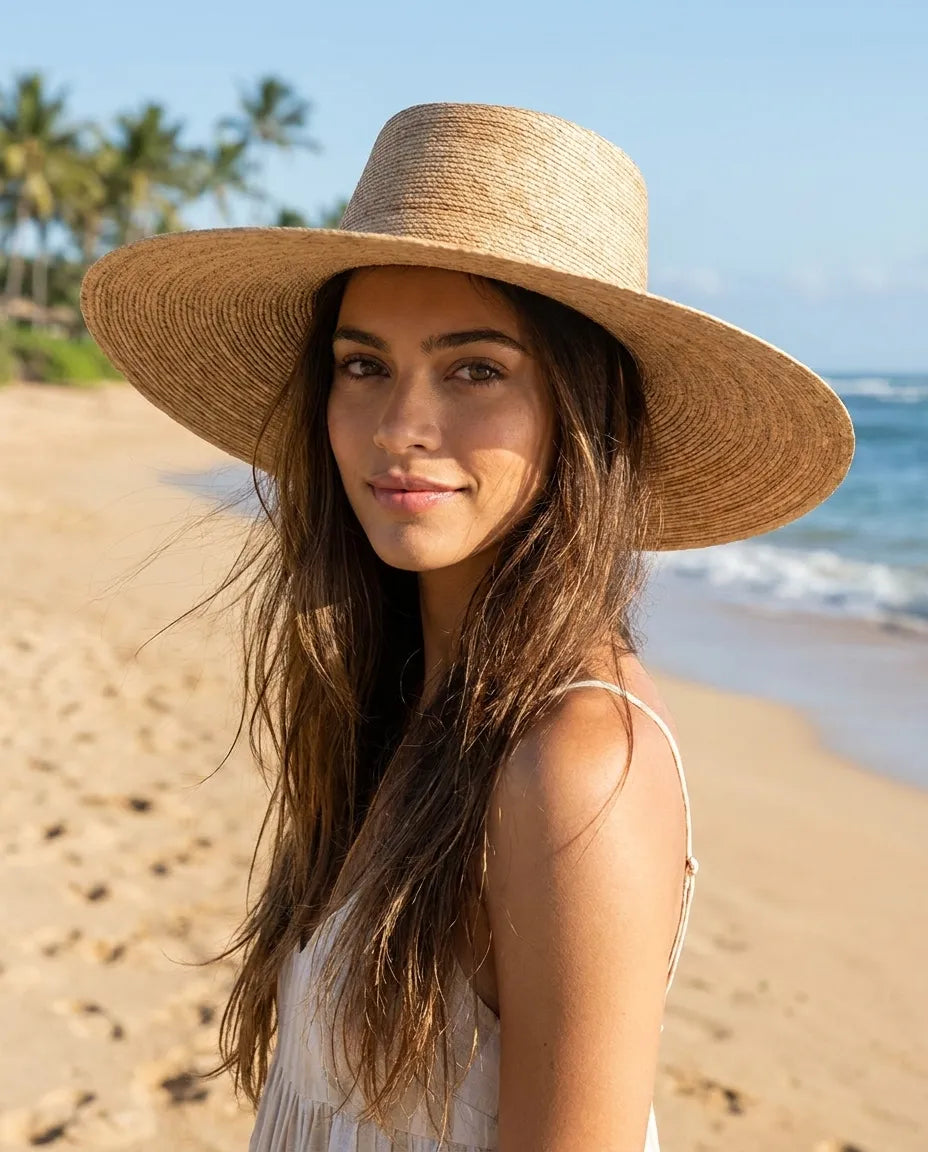 Natural Wide Brim Palm Leaf Boater Straw Hat