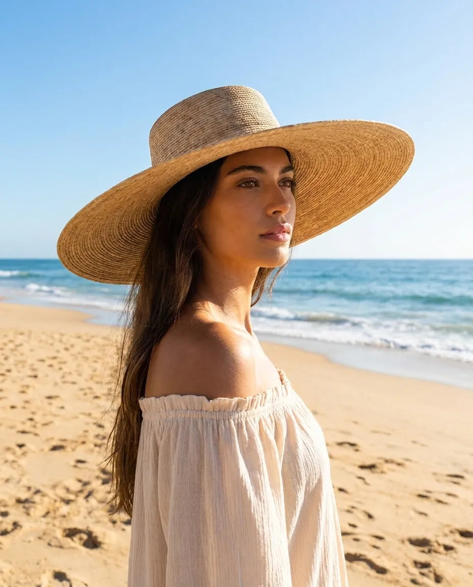 Natural Wide Brim Palm Leaf Boater Straw Hat