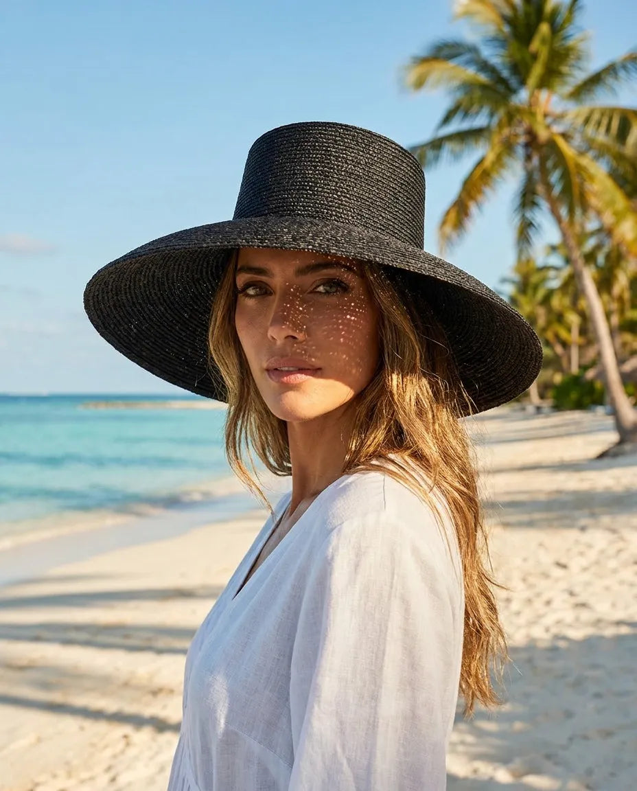Jolie Packable Raffia Black Straw Bucket Hat