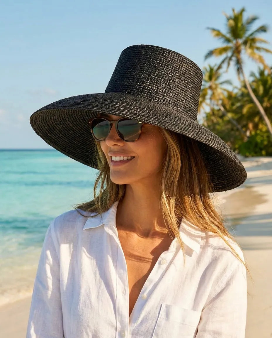 Jolie Packable Raffia Black Straw Bucket Hat