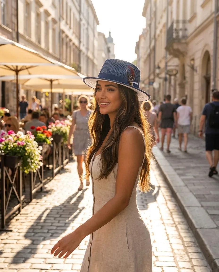Blue Straw Fedora Hat For Women