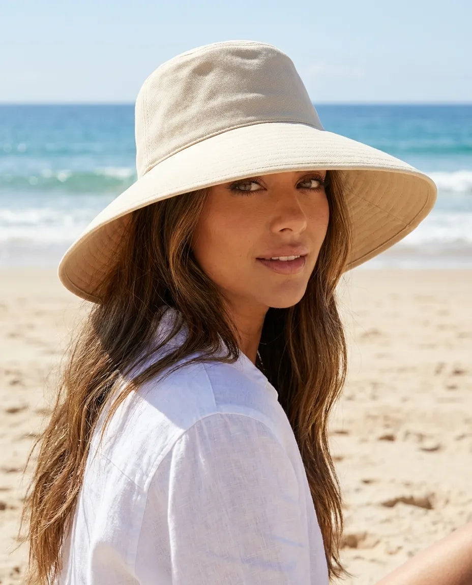 Beige Wide Brim Cotton Canvas Bucket Hat