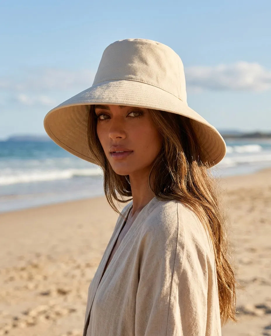 Beige Wide Brim Cotton Canvas Bucket Hat