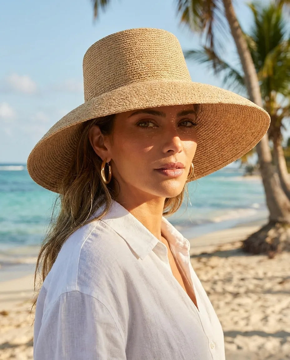 Jolie Natural Wide Brim Straw Bucket Hat