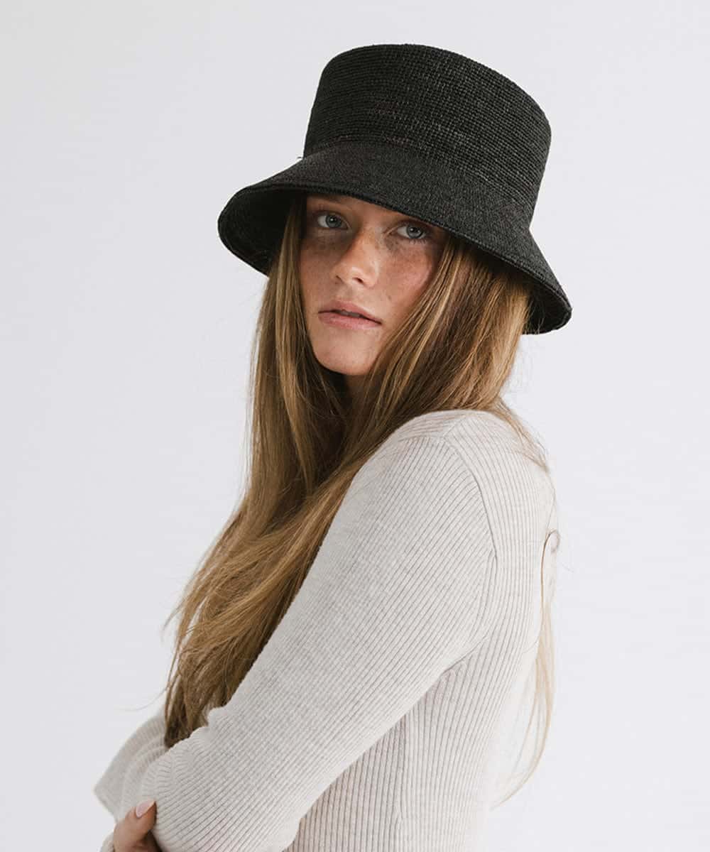 Solstice Packable Black Straw Hat Bucket