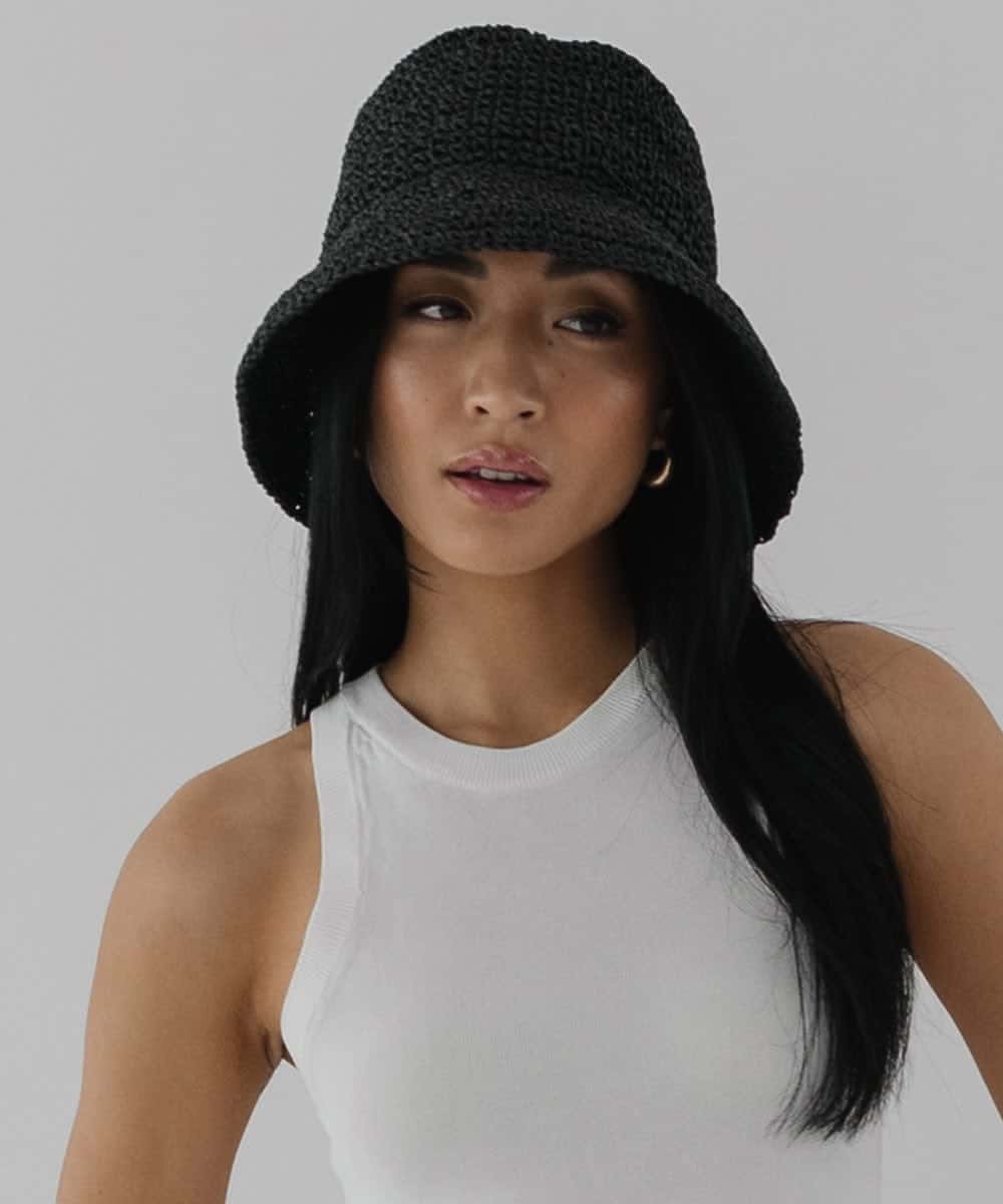 Bloom Packable Black Straw Bucket Hat