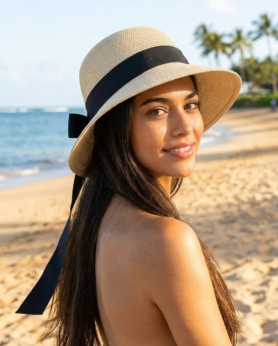Women's Wide Brim Straw Bucket Hat with Oversized Bow