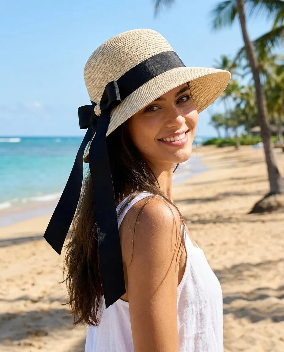 Women's Wide Brim Straw Bucket Hat with Oversized Bow