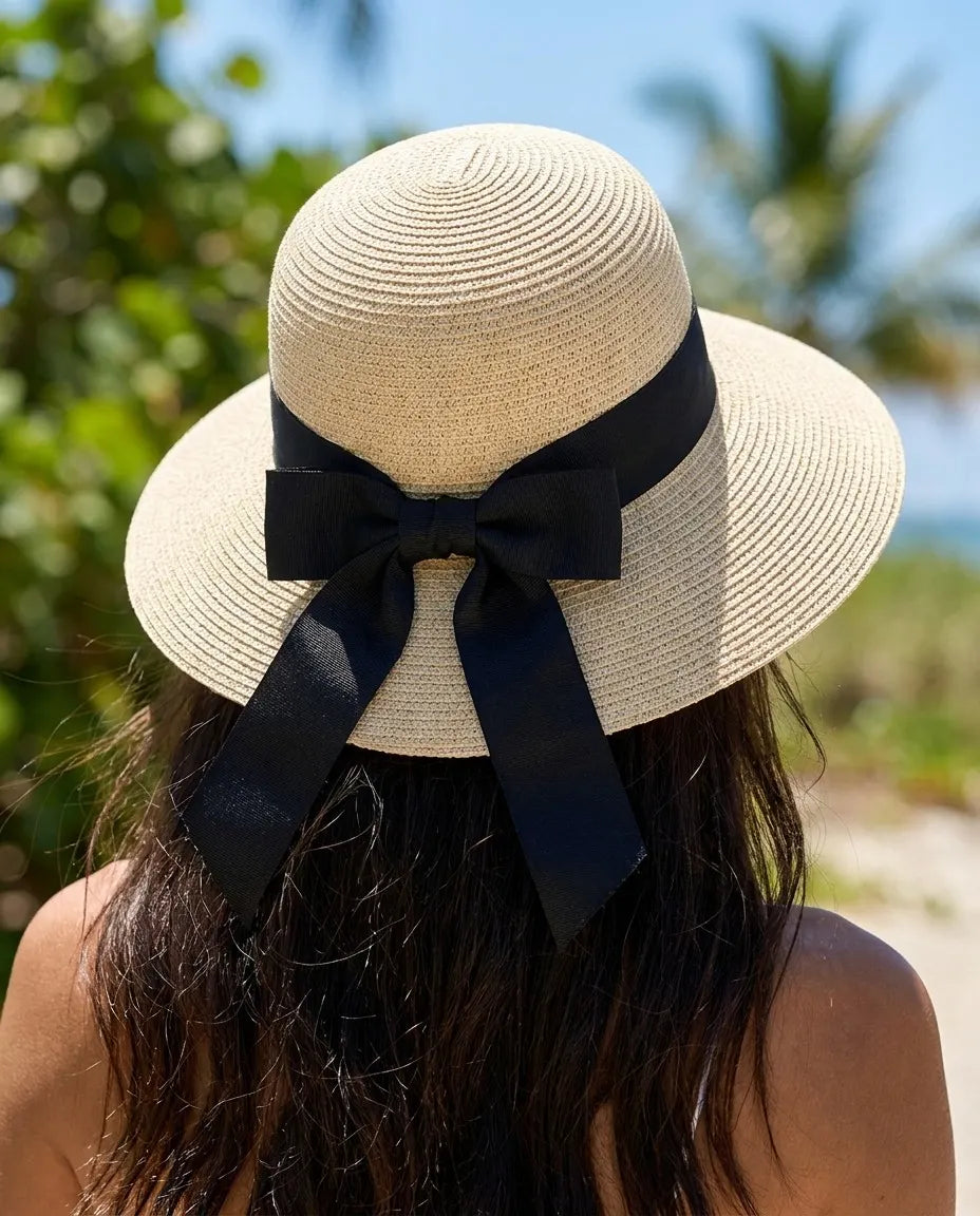 Women's Wide Brim Straw Bucket Hat with Oversized Bow